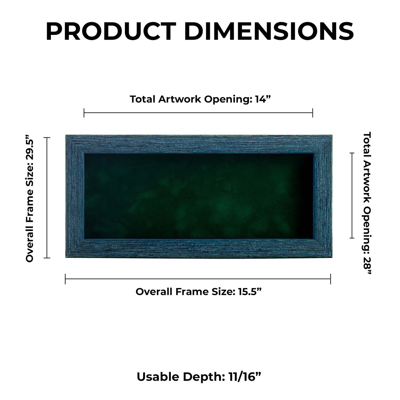 Rustic Blue Wood Shadow Box Frame with Acrylic Front - Forest Green Suede Backing, 30 Sizes
